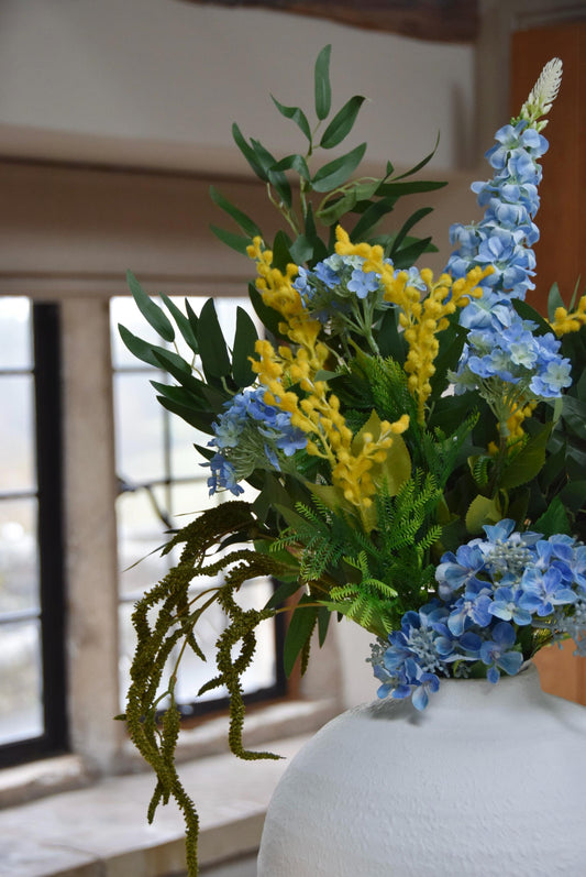 Blue & Yellow Faux Flower Arrangement - Hydrangea Artificial Bouquet - Darcy