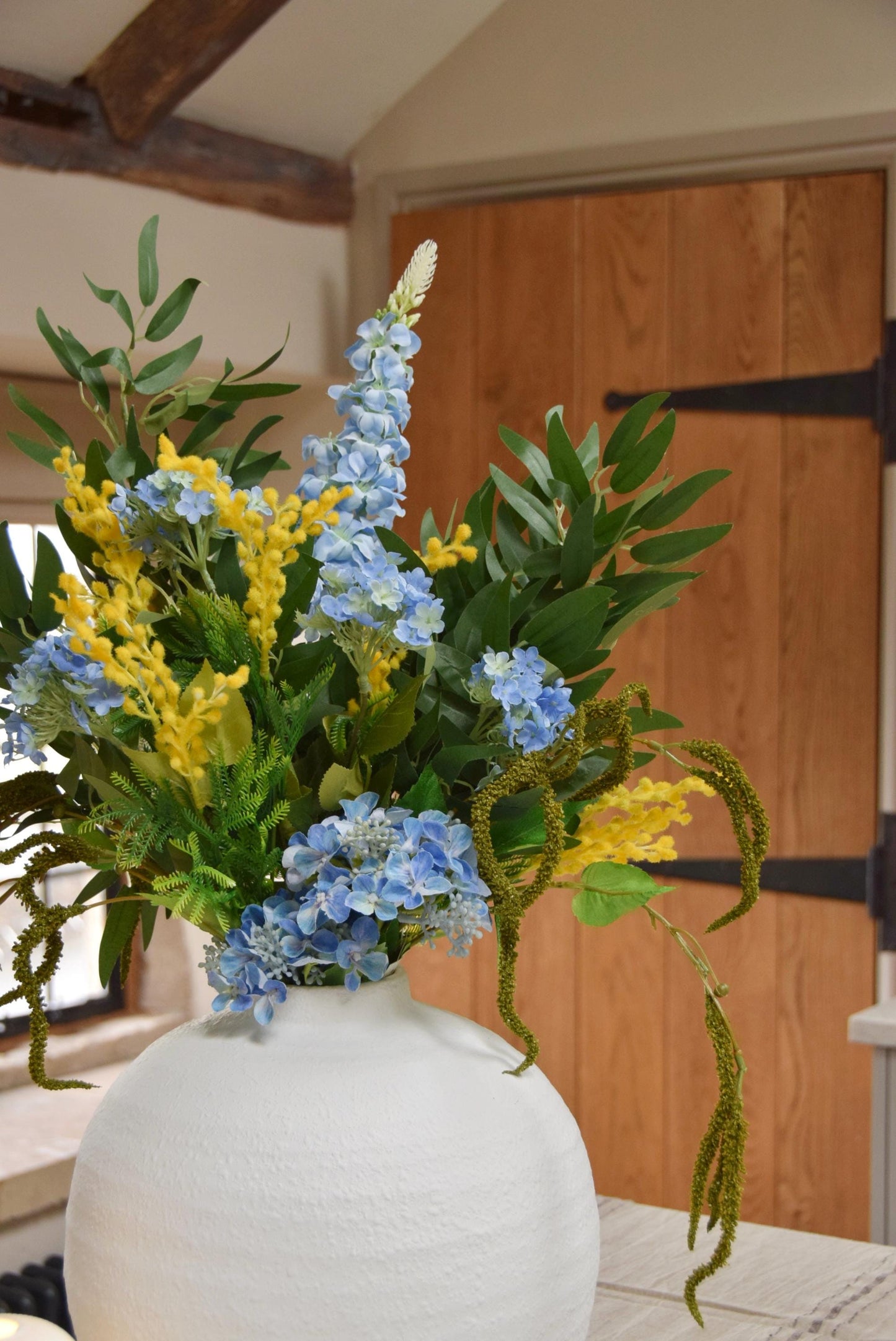 Blue & Yellow Faux Flower Arrangement - Hydrangea Artificial Bouquet - Darcy