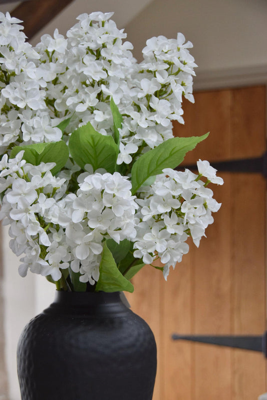 Tall black vase placed on a kitchen countertop with a bunch of paniculata hydrangeas. Displayed in a country style kitchen for home decor.