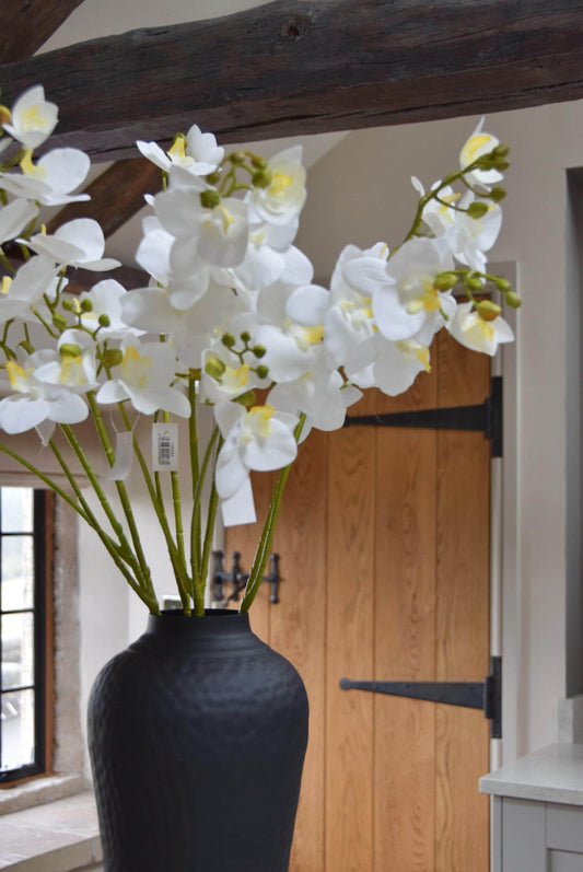 Tall black vase placed on a kitchen counter top with a bunch of white orchid sprays. Displayed in a country style kitchen for home decor.