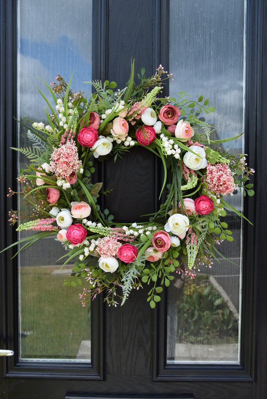 Pink & White Ranunculus Wreath with Wildflowers –  Summer Door Wreath - Isabelle