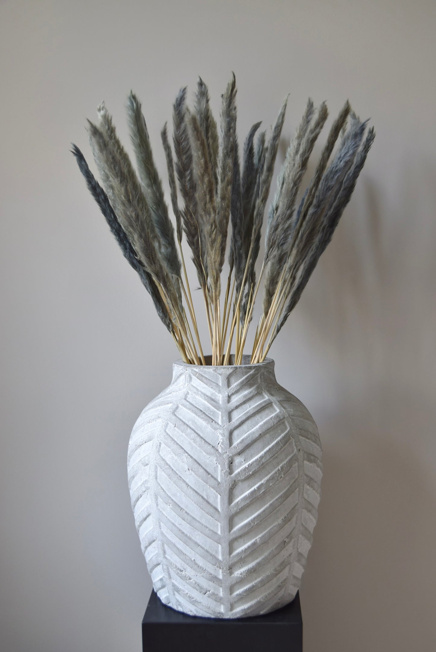 Grey reed pampas stems displayed in a chevron stone vase on a black pedestal.