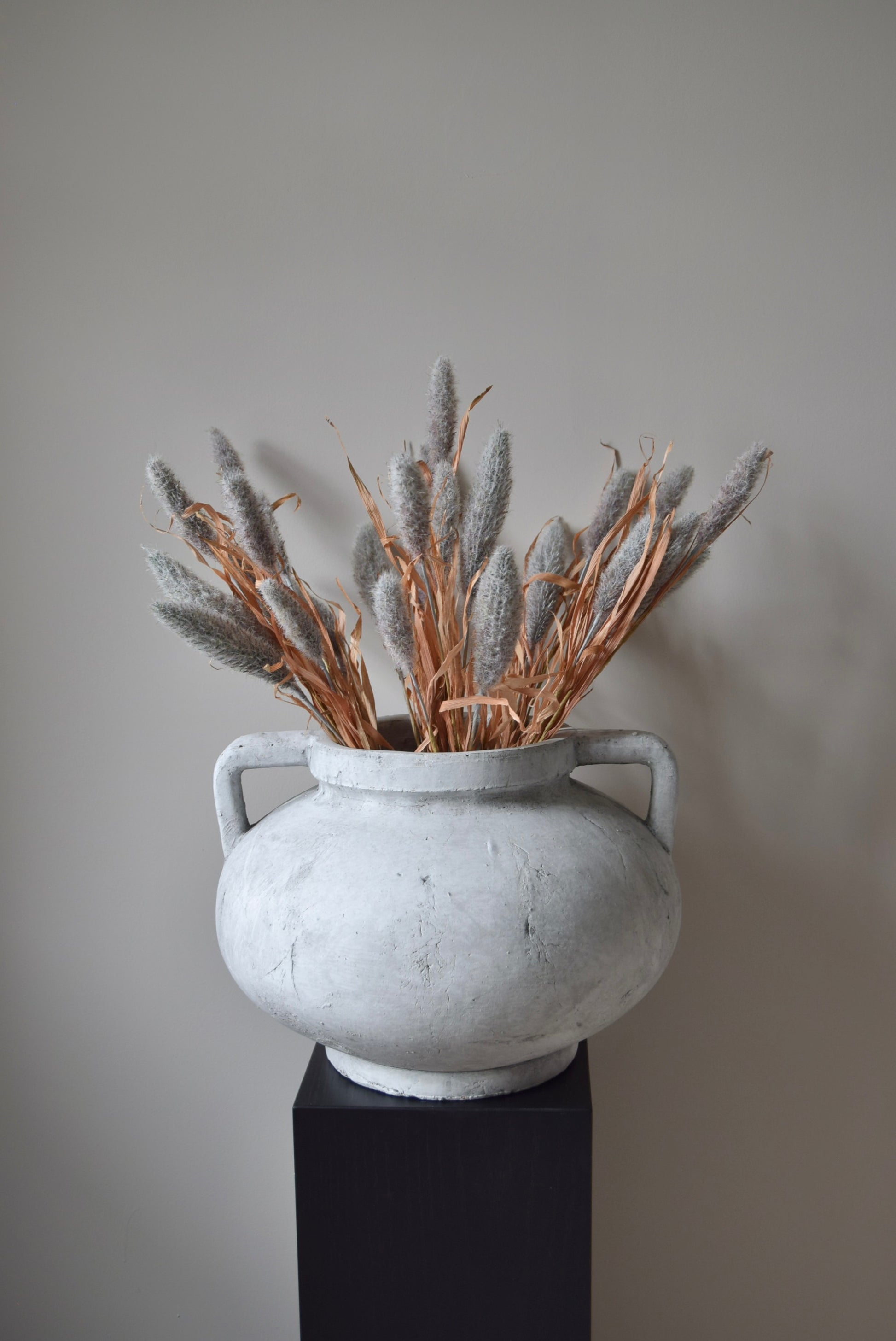 Grey dried look bunny tail reed stems displayed in a greek pelike stone pot placed on a black pedestal.