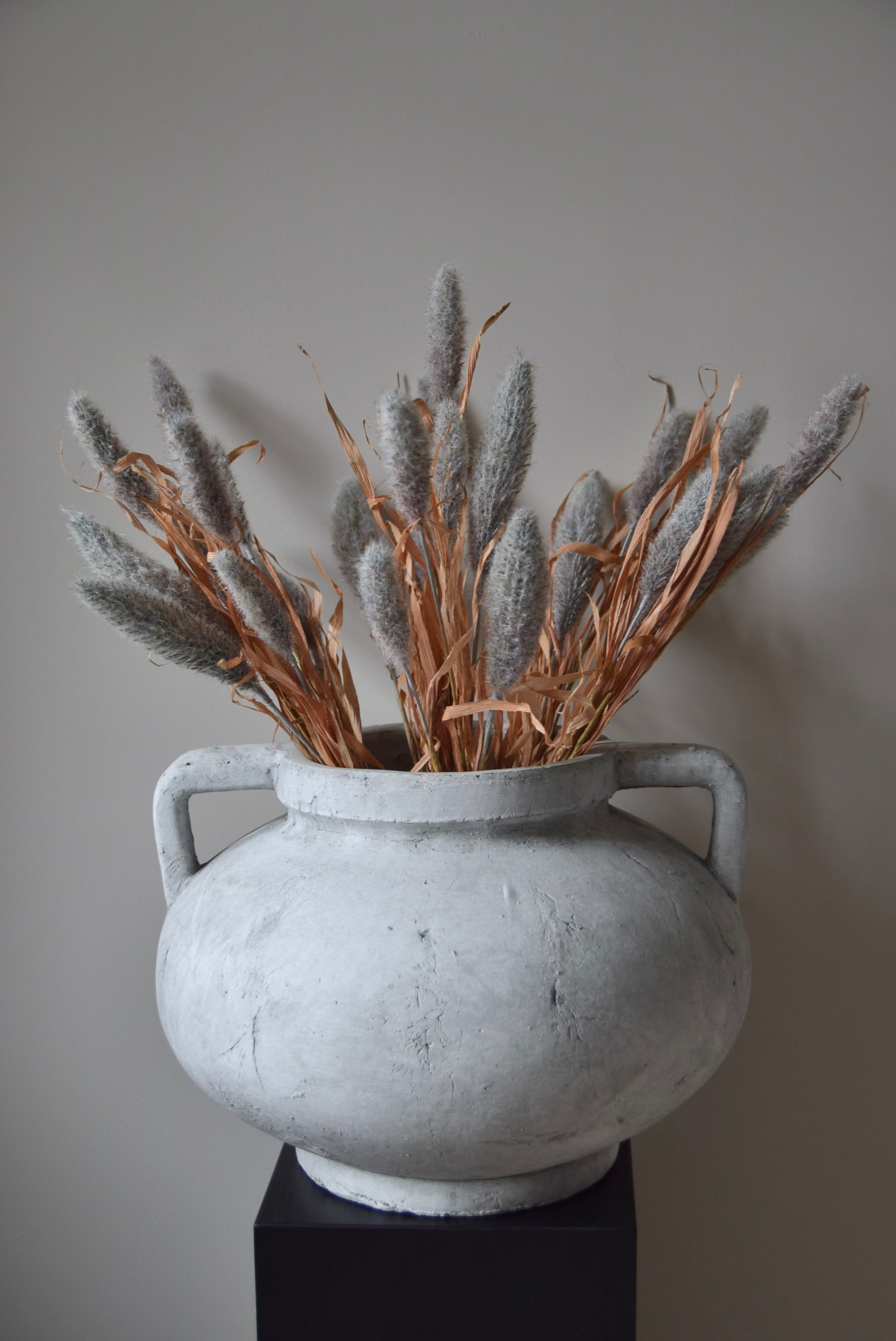 Grey dried look bunny tail reed stems displayed in a greek pelike stone pot placed on a black pedestal.