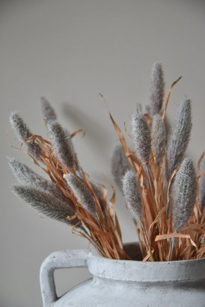 Grey dried look bunny tail reed stems displayed in a greek pelike stone pot placed on a black pedestal.