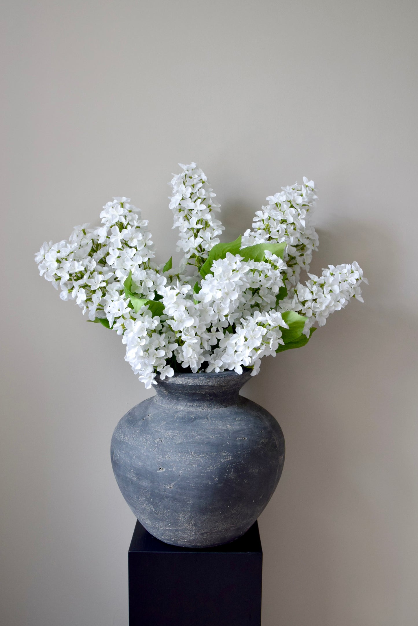 White flowers in a grey vase against a plain background