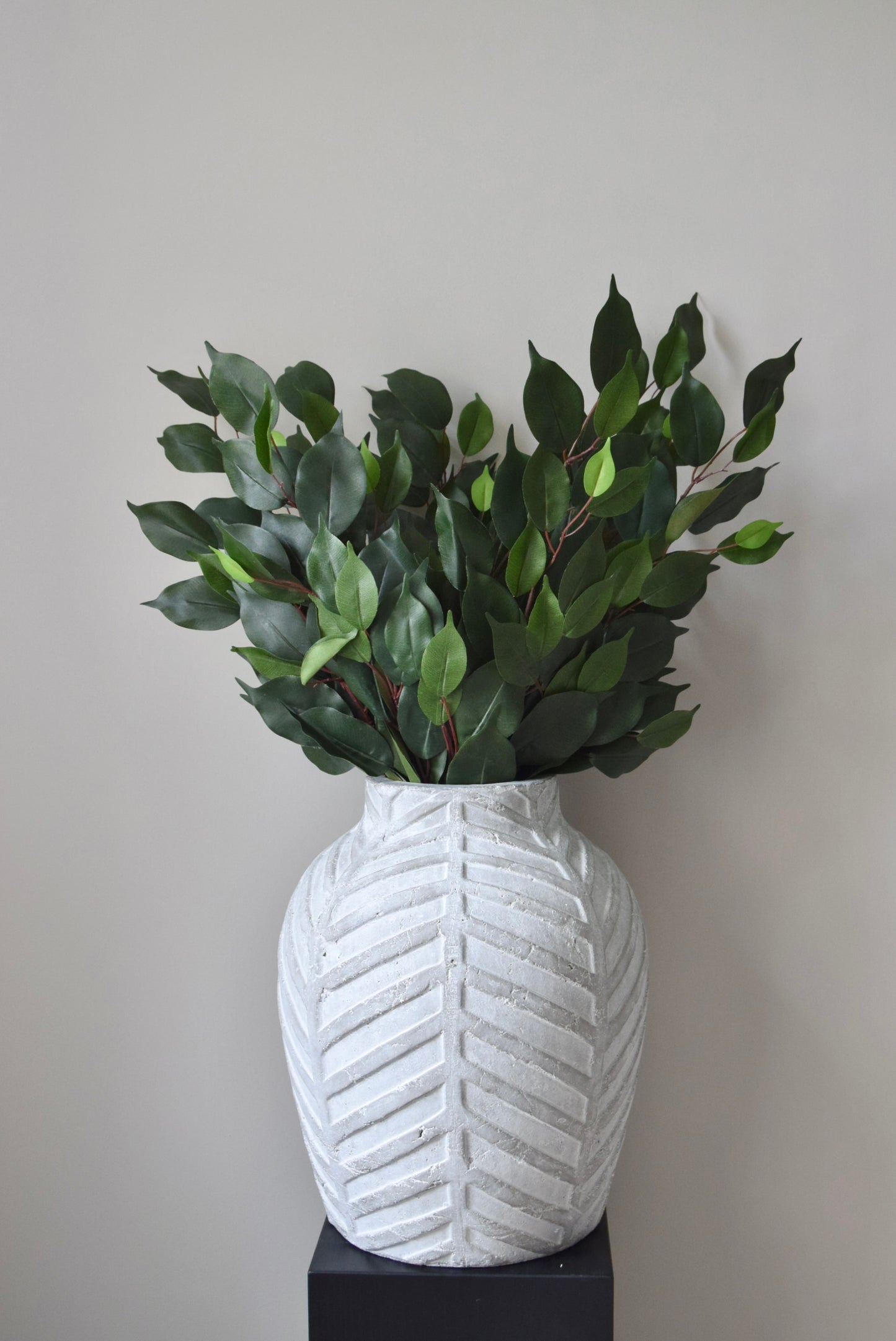 White textured vase with green leaves on a plain background