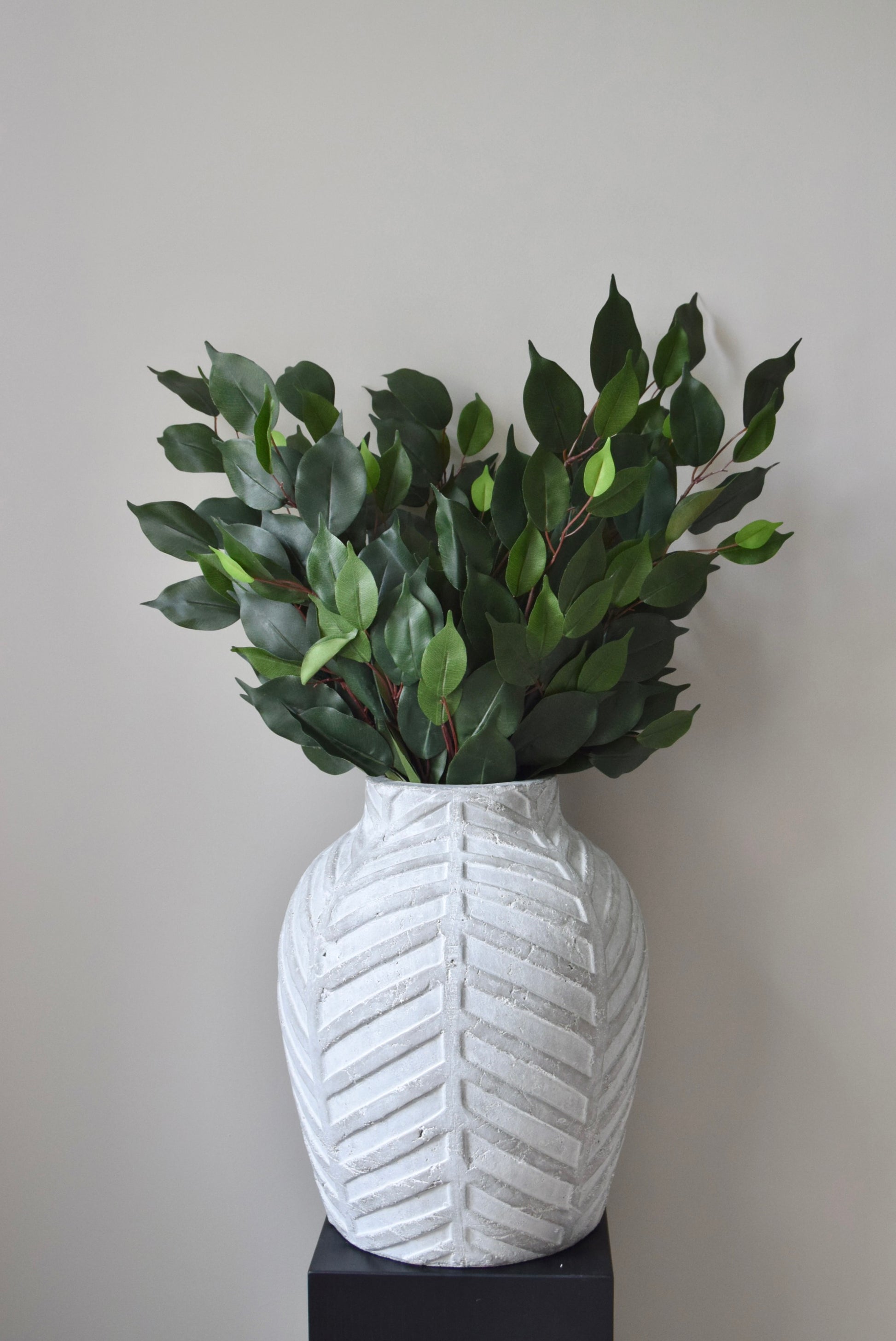 White textured vase with green leaves on a plain background