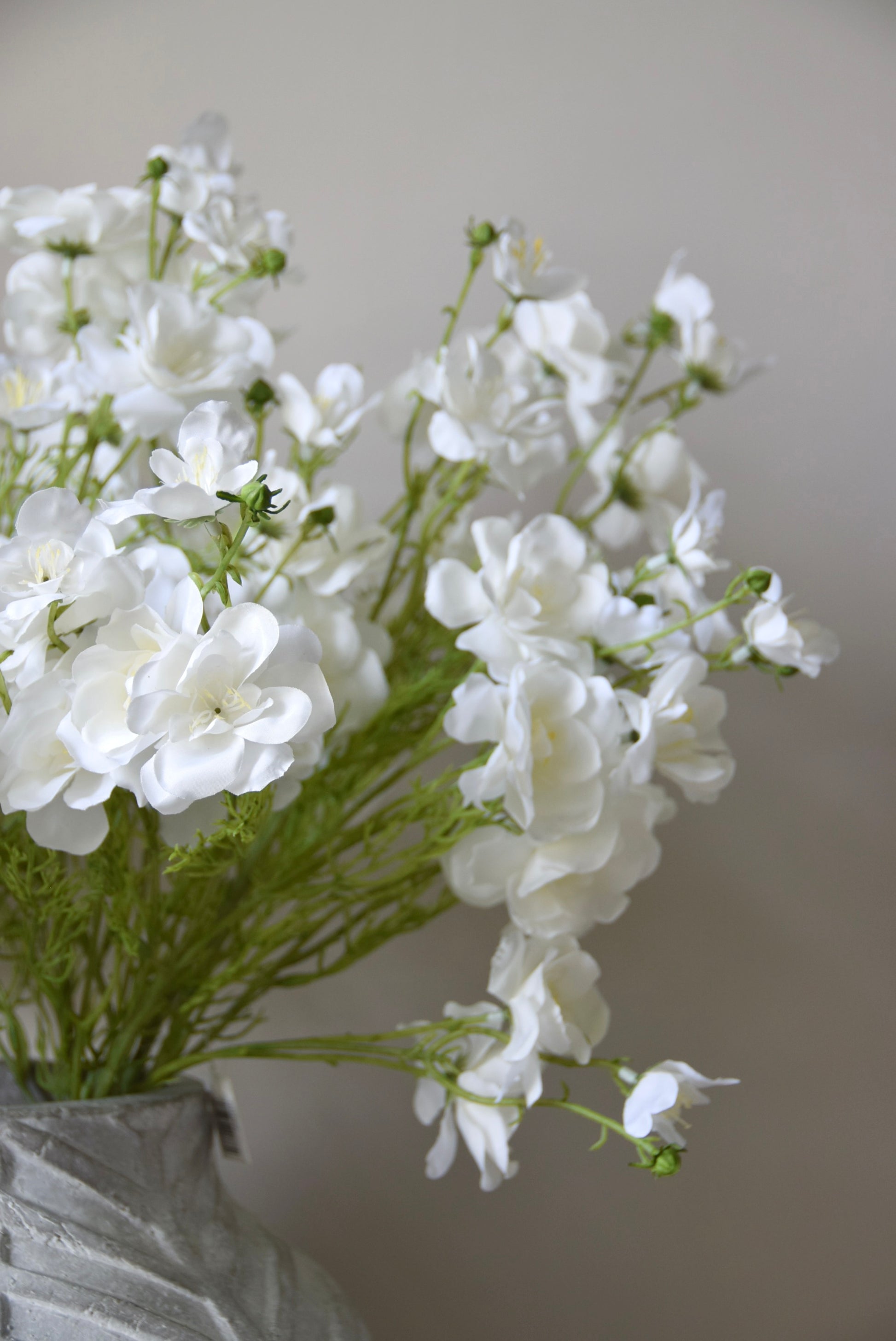 White flowers in a vase against a plain background