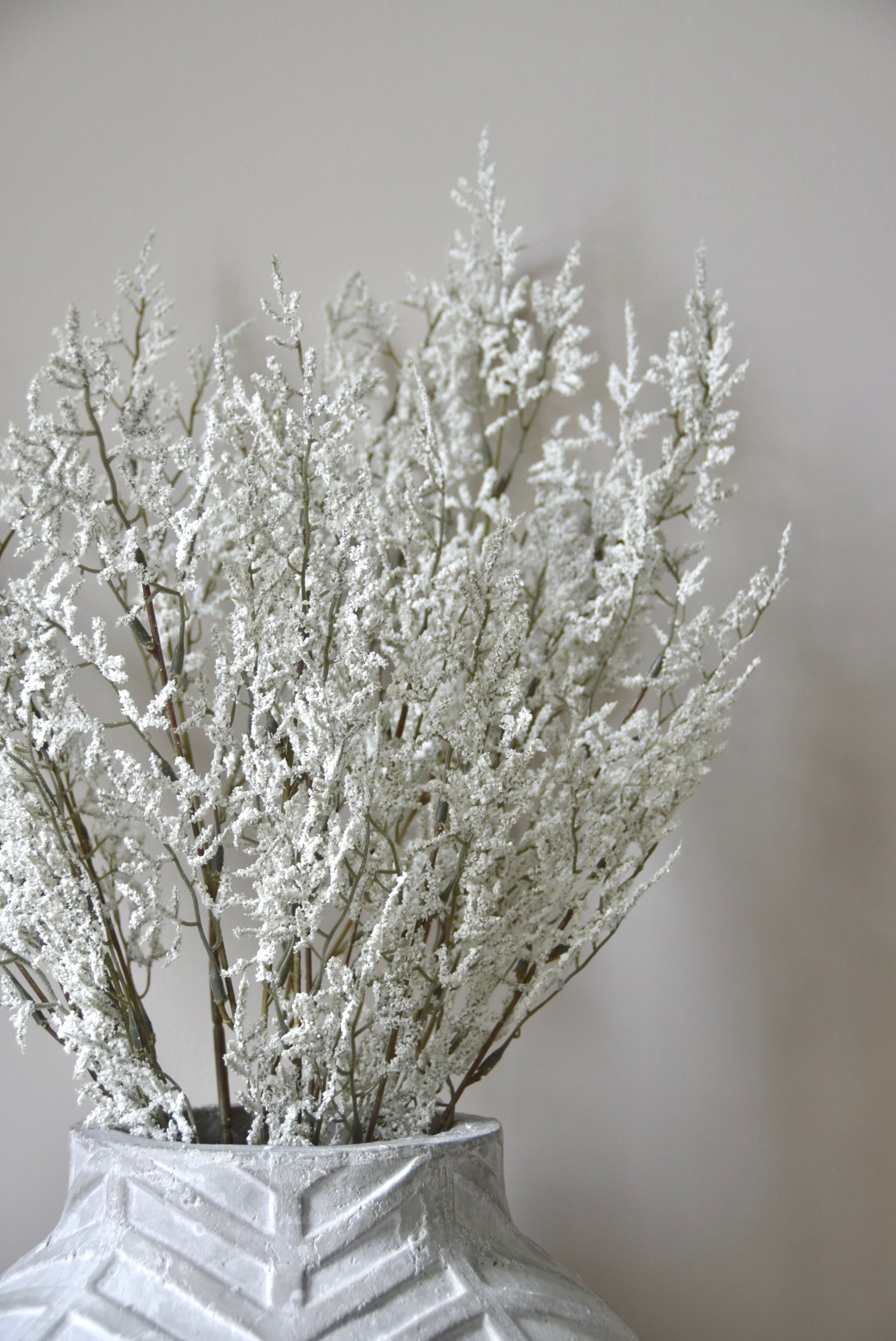 Decorative vase with white dried plants against a plain background