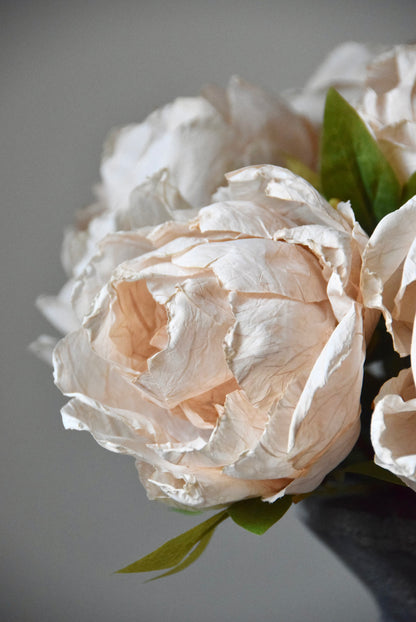 Close-up of a bouquet of cream peonies with a grey background
