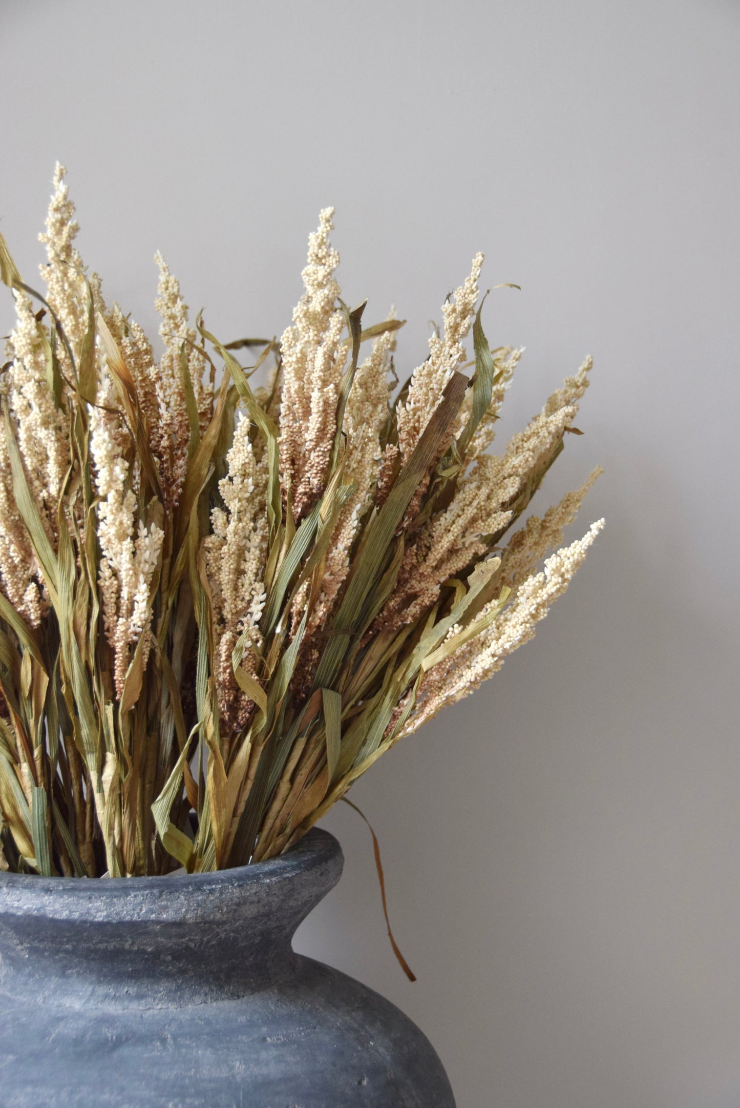 Dried wheat in a grey vase against a plain background