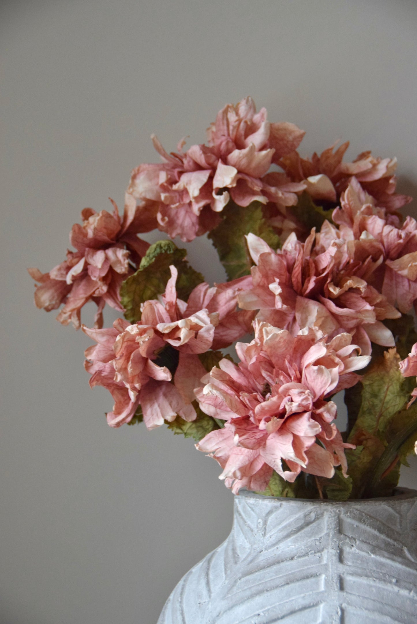 Pink flowers in a textured white vase against a plain background