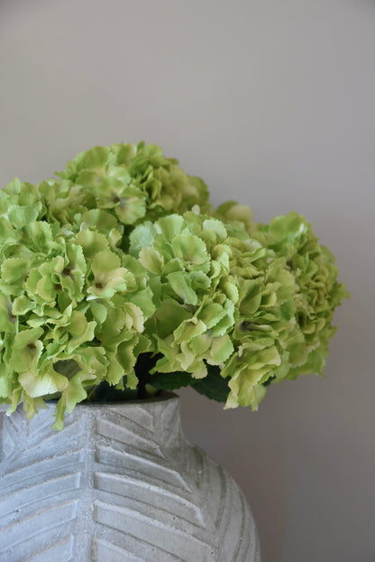 Green flowers in a textured grey vase against a plain background