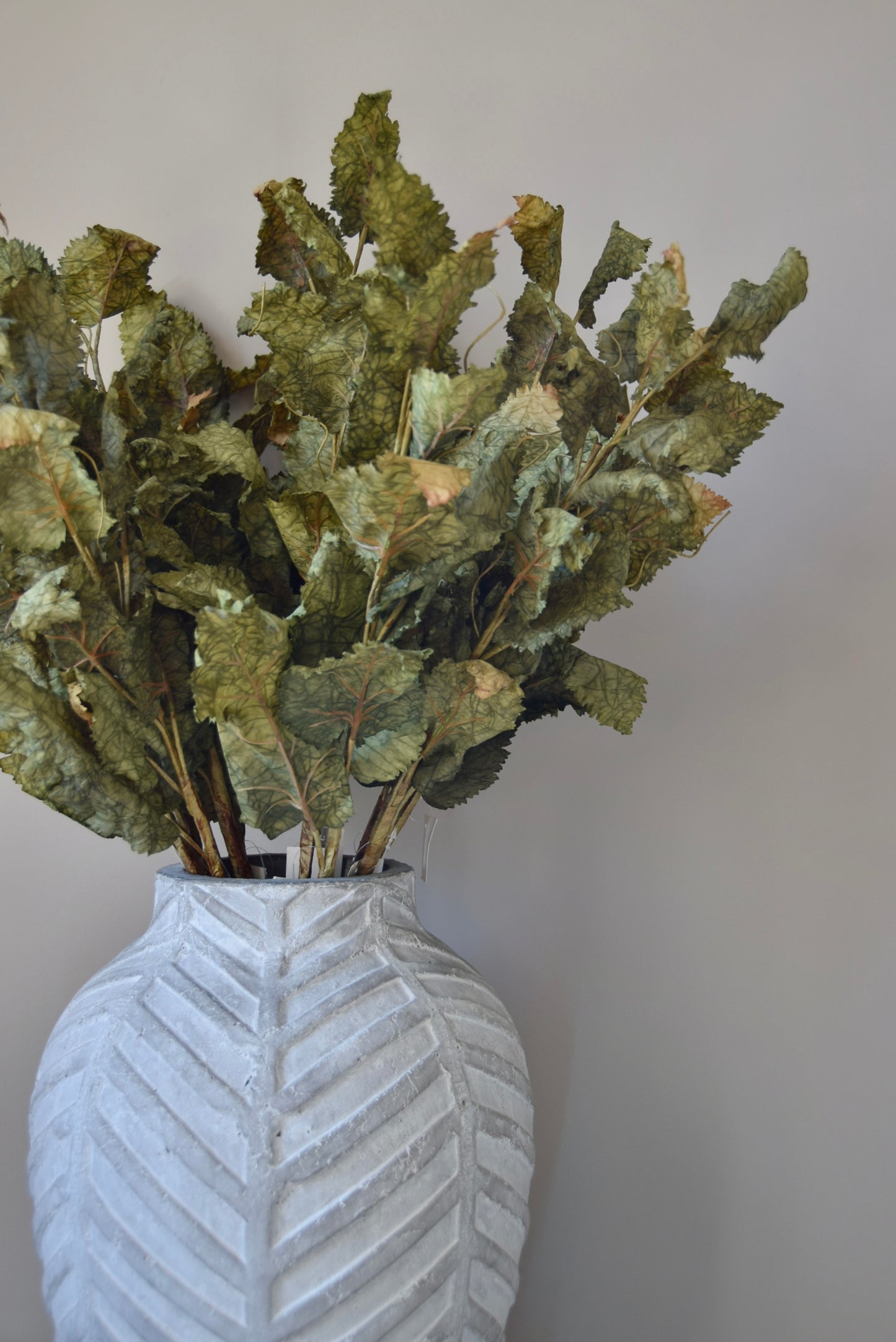 Vase with green leaves against a plain background