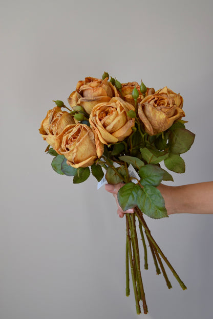 Bouquet of yellow roses held against a plain background