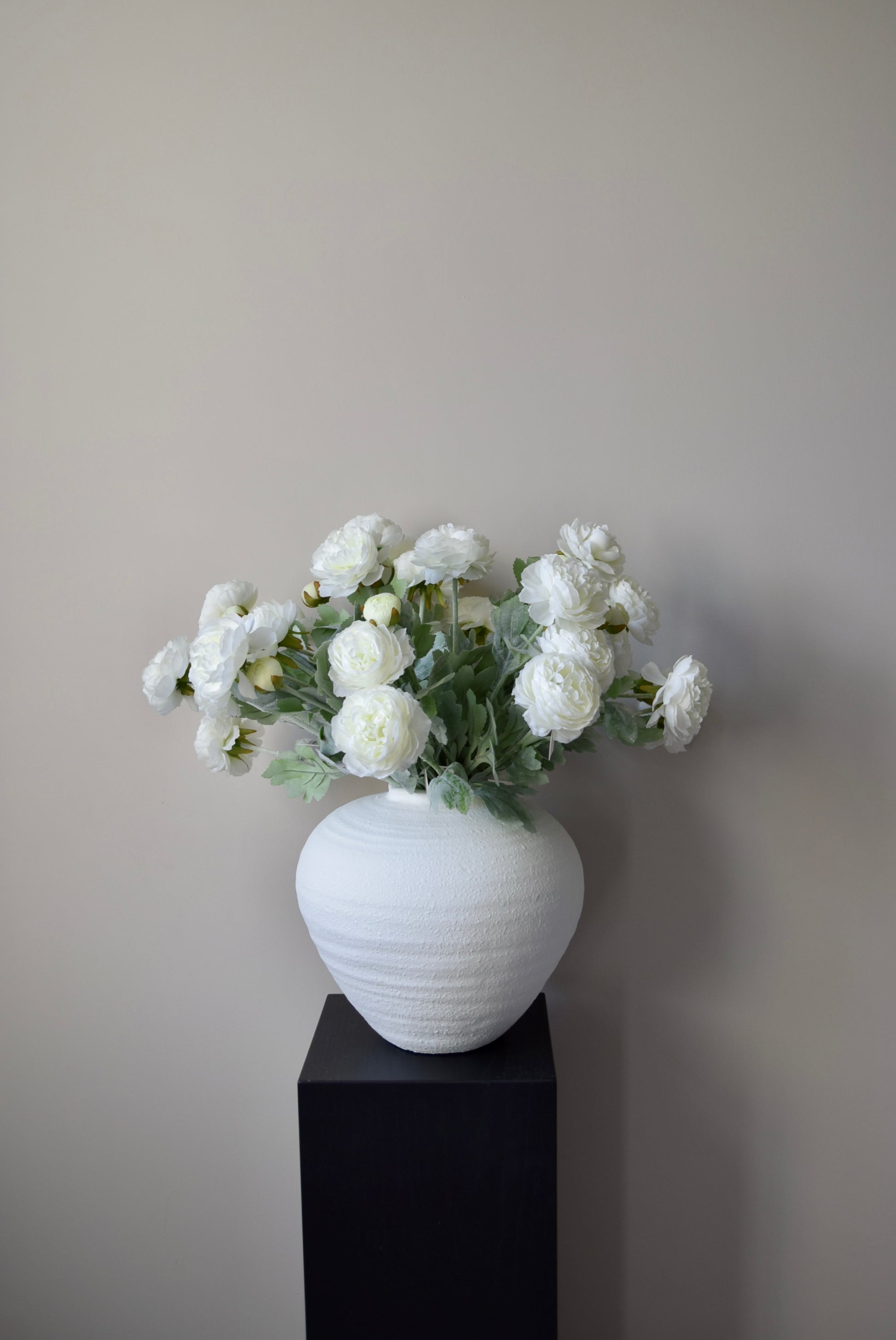 White vase with ranunculus flowers on a black pedestal against a plain wall