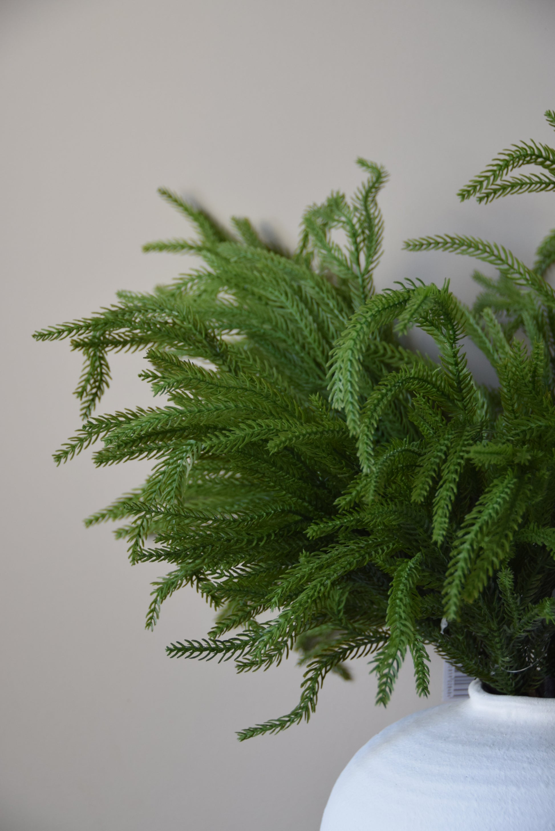 Green artificial winter foliage on a light grey surface