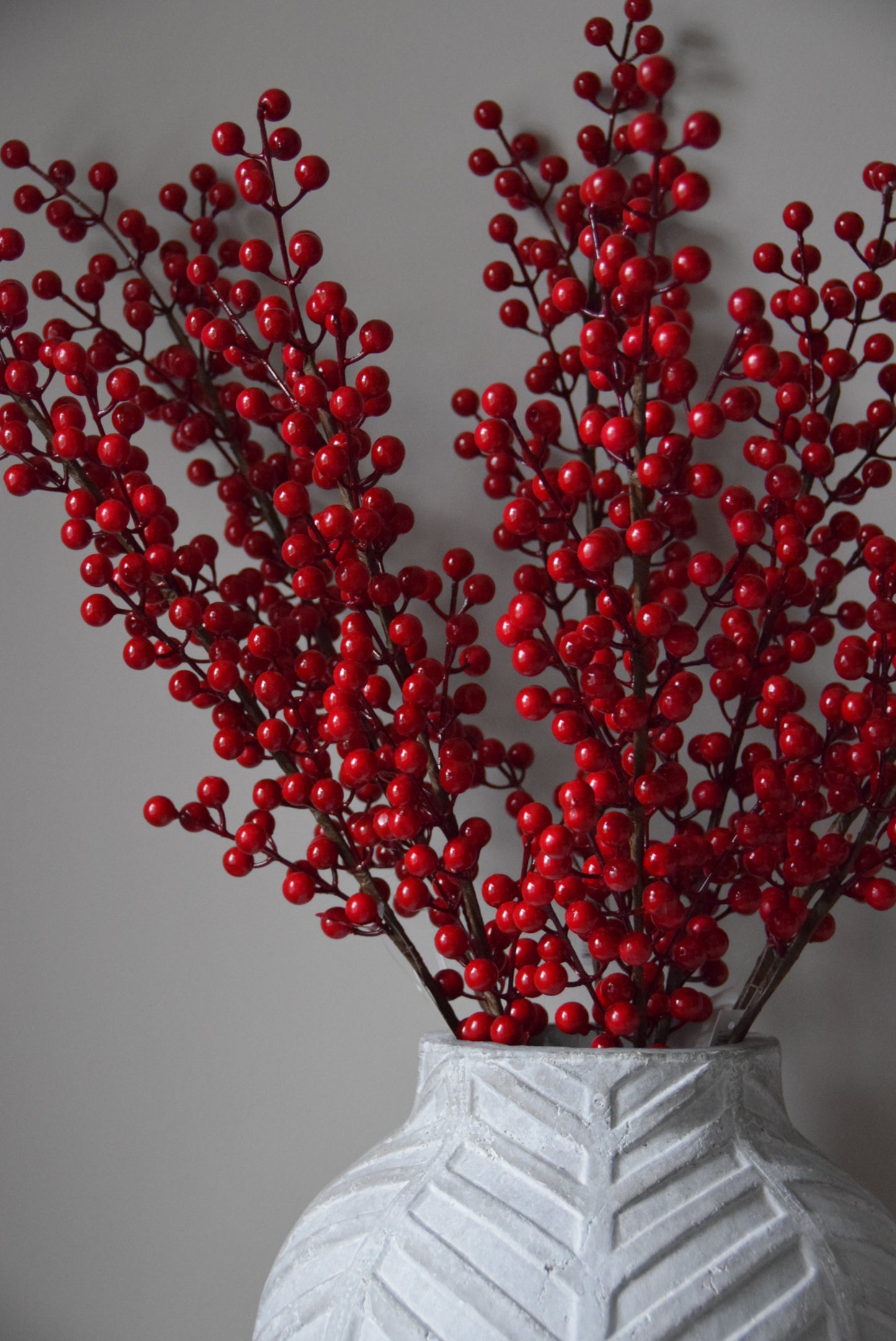Red berries in a decorative container on a plain background