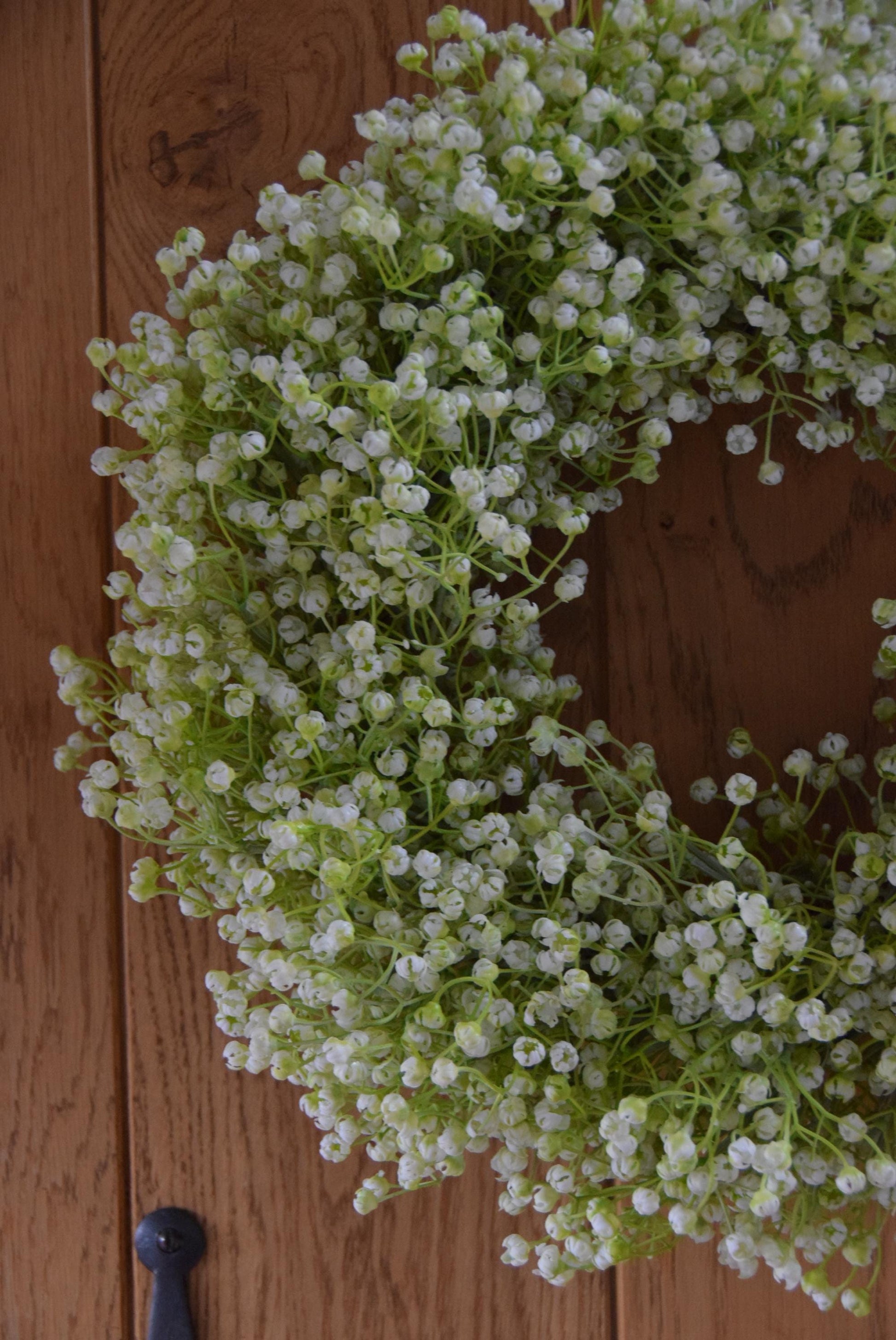 White Gypsophila wreath hanging on country style door.