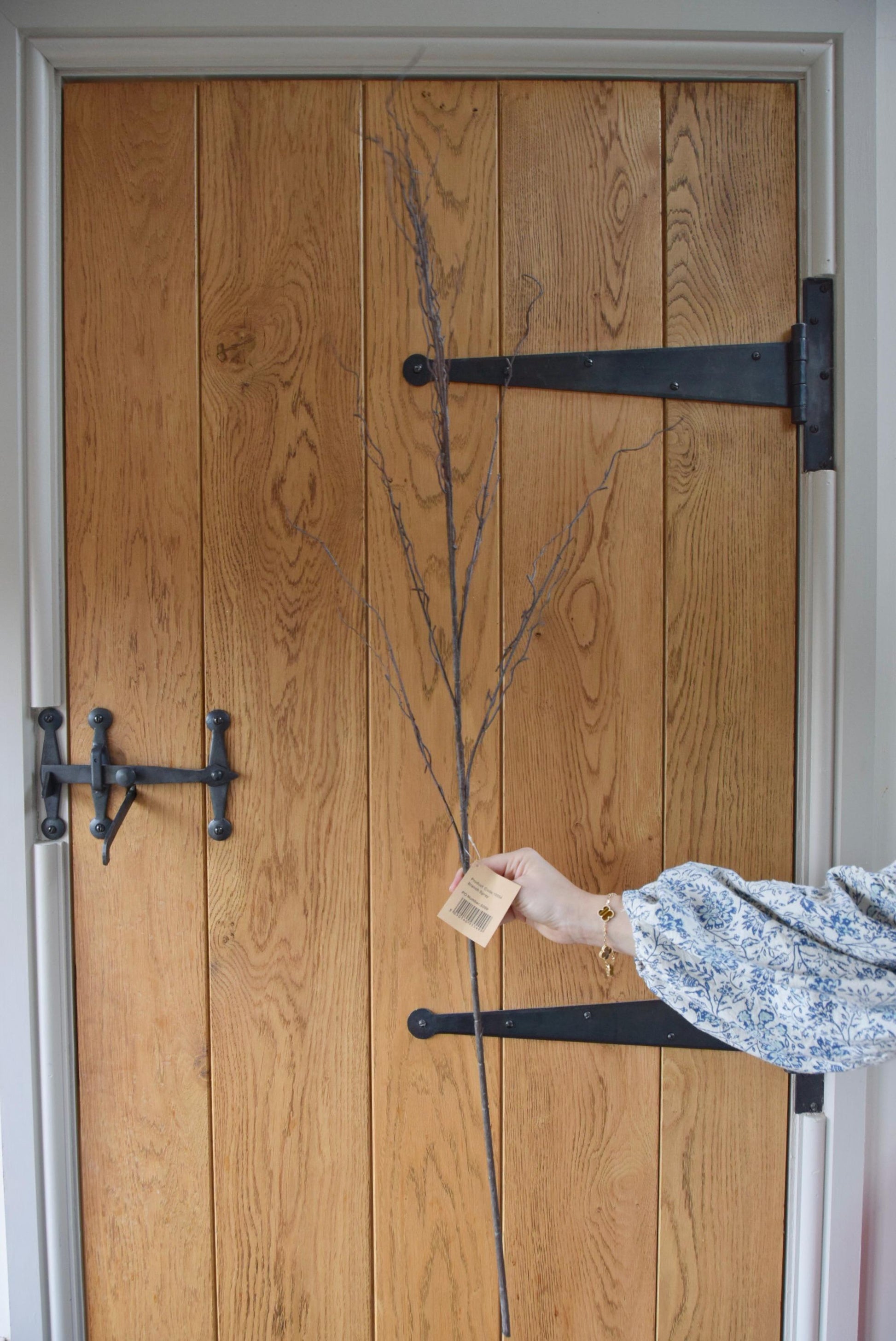 Faux brown branch displayed against a country style wooden door.