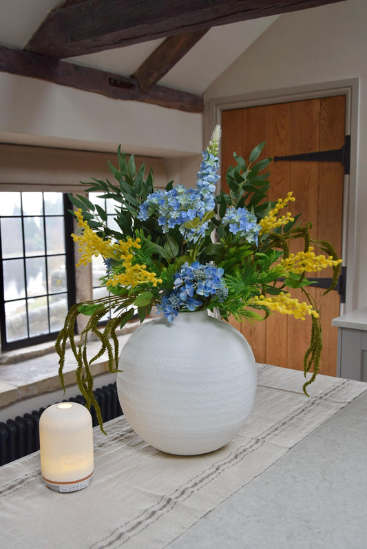Blue & Yellow Faux Flower Arrangement - Hydrangea Artificial Bouquet - Darcy