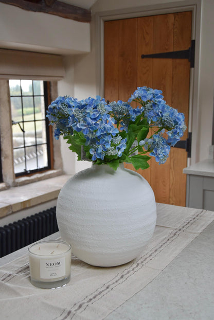 White round vase with a bunch of blue lace cap hydrangeas placed on a kitchen countertop. Displayed in a country style kitchen for home decor.