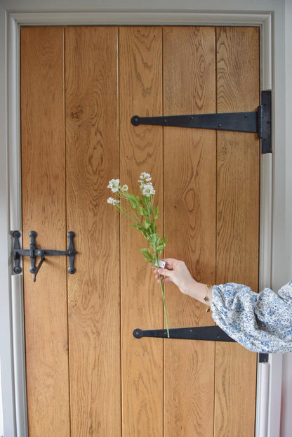 White daisy stem with green foliage displayed against a country style wooden door.