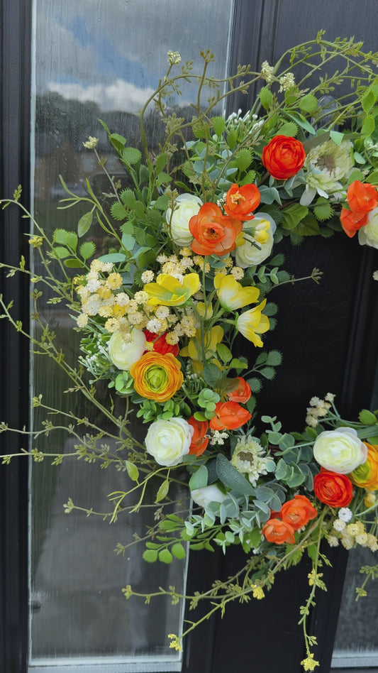 Orange & Yellow Ranunculus Wreath with Wildflowers –  Summer Door Wreath - Clementine