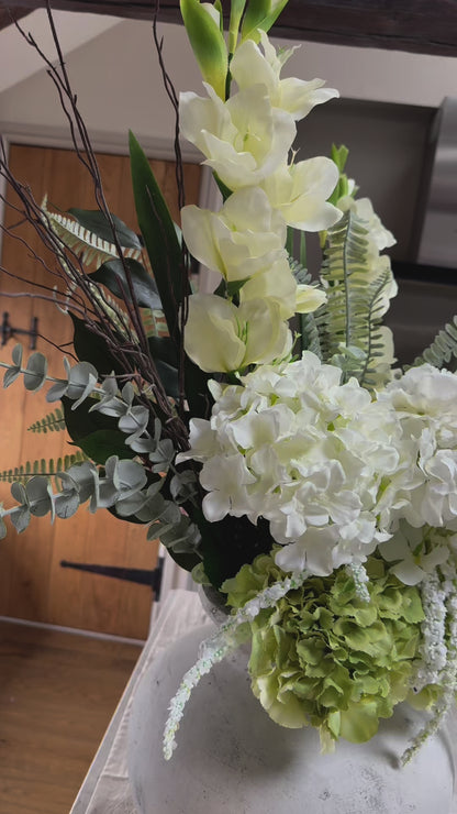 Gladiolus & Hydrangea Faux Flower Arrangement – White & Green Artificial Bouquet - Ella