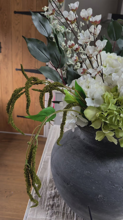 Faux Flower Arrangement – White & Green Hydrangea Bouquet with Lush Foliage - Monica