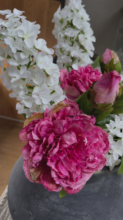Peony & Hydrangea Faux Flower Arrangement – Pink & White Artificial Bouquet - Sienna