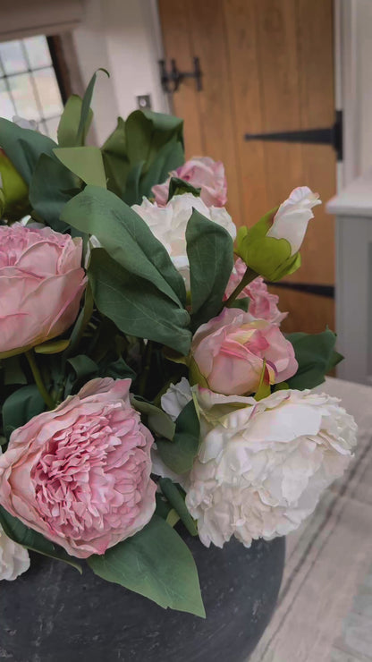 Faux Peony Flower Arrangement – Pink & Cream Artificial Peony Bouquet - Eleanor